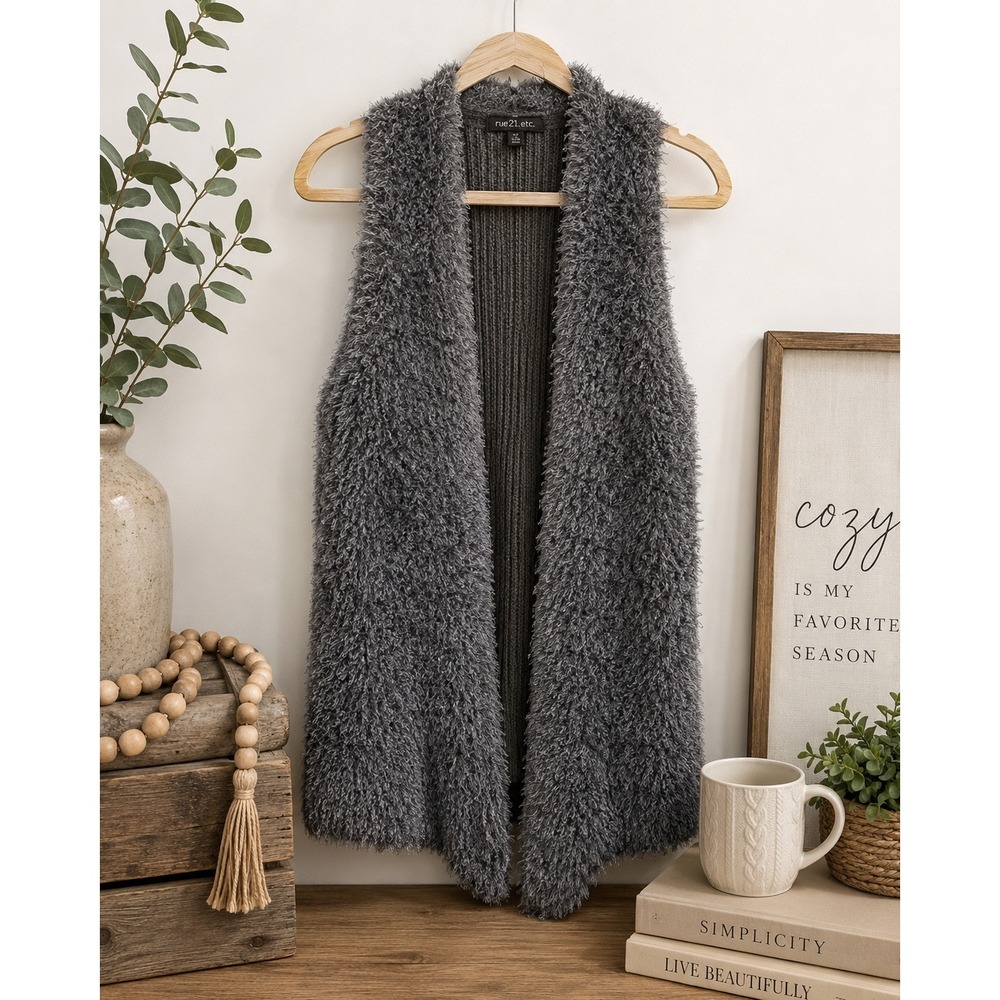 Noelle Gray Eyelash Knit Long Open duster Vest One Size Cozy Soft Cabincore Boho